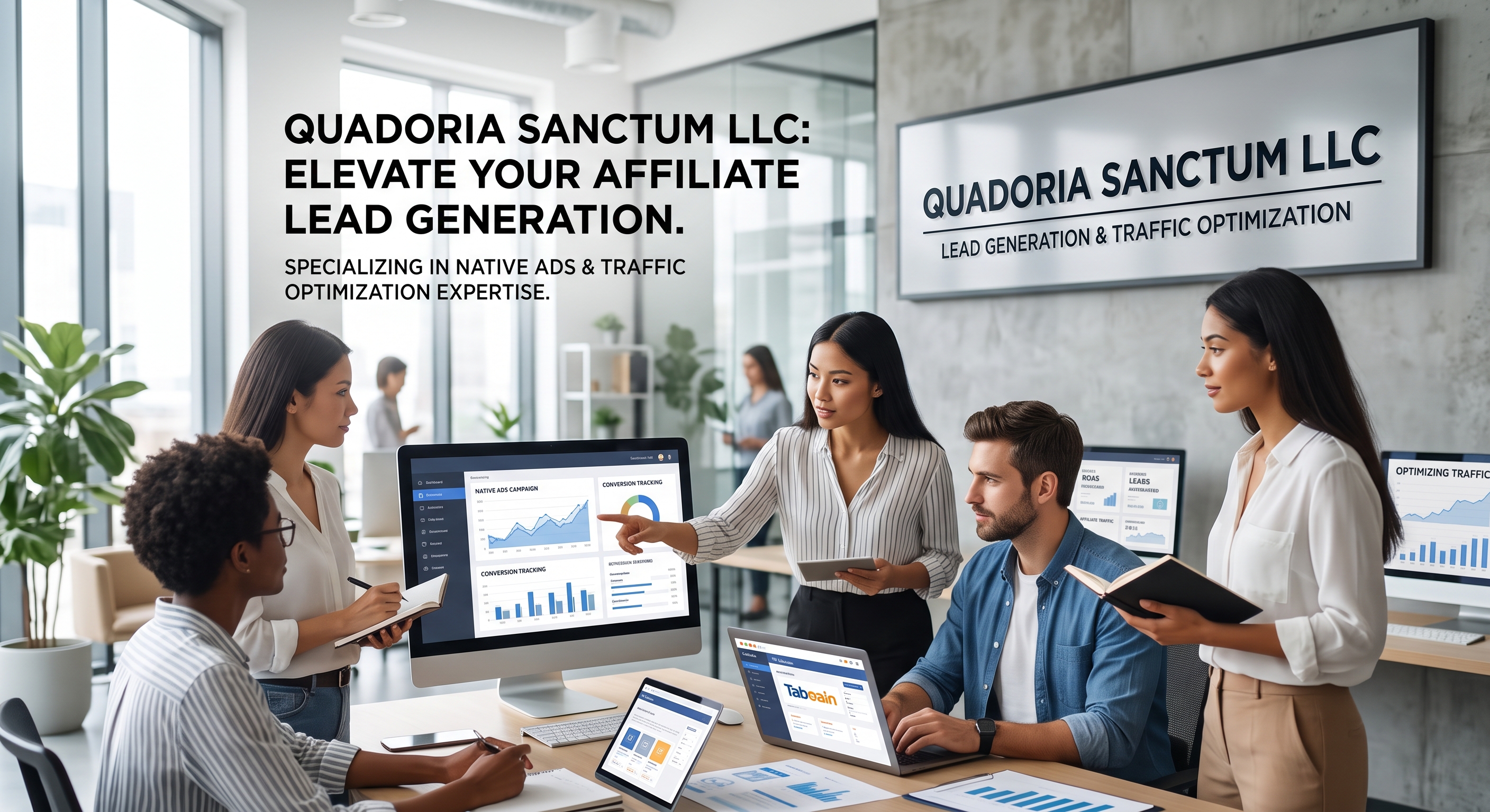 Quadoria Sanctum team reviewing native advertising and conversion charts in a Jacksonville office.