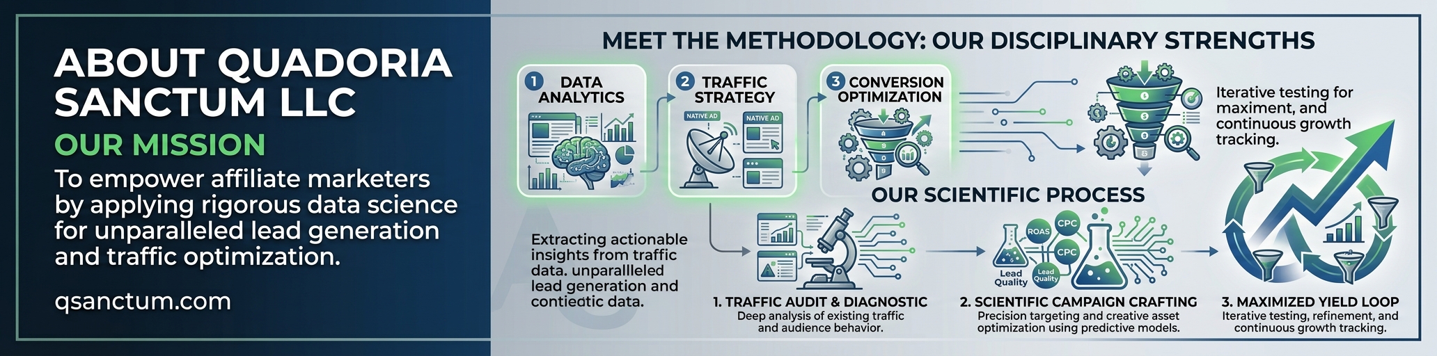 Quadoria Sanctum methodology banner covering traffic audit, campaign planning, and yield review.